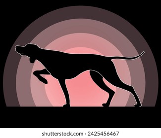 Silueta de un perro de caza contra el fondo del sol. Ilustración vectorial en estilo plano.