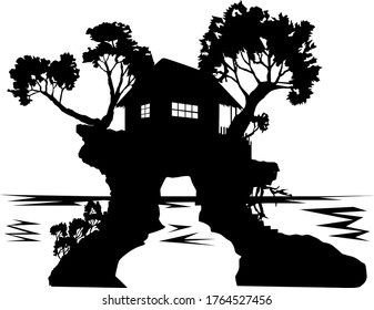 
silhouette of a hut on an island surrounded by trees, black and white vector image