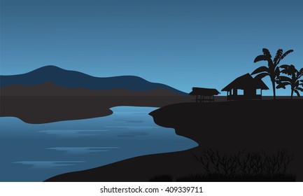 Silhouette of hut in riverbank with bluue backgrounds