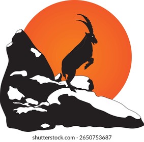 Silhouette of an Ibex leaping from one rocky peak to another, set against a backdrop of a large orange sun.