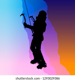 Silhouette ice climbing of the  with ice hammers on a translucent blue  background