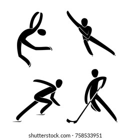Silhouette ice figure skating,hockey player, short track speed skating isolated. Winter sport games disciplines. Black and white flat slyle design vector illustration.Web pictogram icon symbol