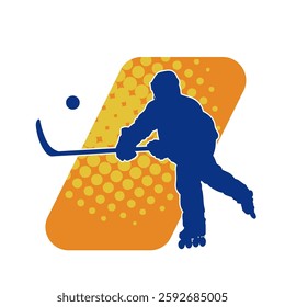 Silhouette of an ice hockey player wearing helmet and uniform carrying hockey stick in action pose