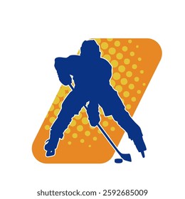 Silhouette of an ice hockey player wearing helmet and uniform carrying hockey stick in action pose