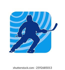 Silhouette of an ice hockey player wearing helmet and uniform carrying hockey stick in action pose