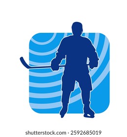 Silhouette of an ice hockey player wearing helmet and uniform carrying hockey stick in action pose