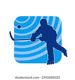 Silhouette of an ice hockey player wearing helmet and uniform carrying hockey stick in action pose