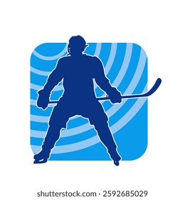 Silhouette of an ice hockey player wearing helmet and uniform carrying hockey stick in action pose