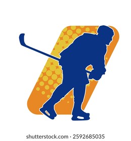 Silhouette of an ice hockey player wearing helmet and uniform carrying hockey stick in action pose