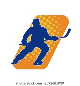 Silhouette of an ice hockey player wearing helmet and uniform carrying hockey stick in action pose