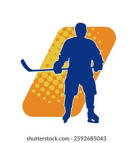 Silhouette of an ice hockey player wearing helmet and uniform carrying hockey stick in action pose