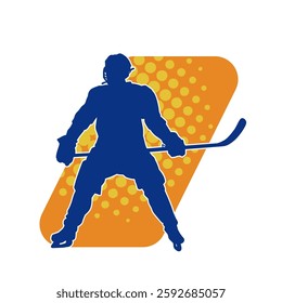 Silhouette of an ice hockey player wearing helmet and uniform carrying hockey stick in action pose