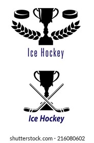 Silhouette ice hockey symbols with puck, trophy cup, sticks and laurel wreath isolated on white background for sport, logo and recreation design