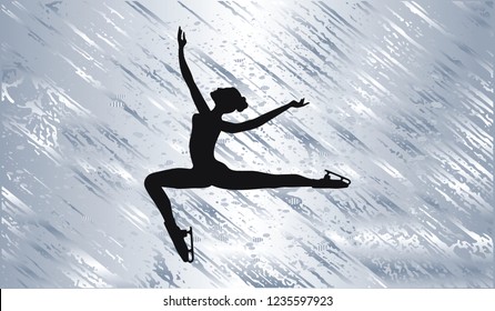 Silhouette of ice skater, elegant woman - abstract winter background - vector