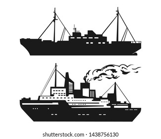  Silhouette of an icebreaker and a scientific vessel. Set icons of motor yachts.Yacht vector symbol silhouette.