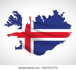 Silhouette of Iceland map filled with the Icelandic flag design, symbolizing national pride, cultural heritage, and geographic uniqueness.  
