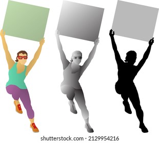 Silhouette icon of active girl jumping with a blank placard signboard above her head. Vector illustration.