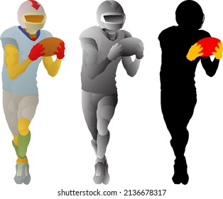 Silhouette icon of American football player runnning with the ball to score the touchdown. Vector illustration.