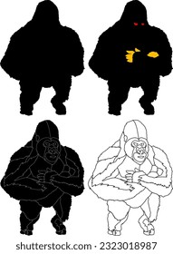 Silhouette icon of angry gorilla standing at attention with folded arms, isolated against white. Vector illustration.