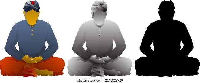 Silhouette icon of Asian shaman in traditional tribal costume meditating with cross leg, isolated against white. Vector illustration.