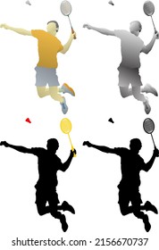 Silhouette Symbol des Badminton-Spielers springen zu springen und einen Shuttlöckchen einzeln auf Weiß zu zerschlagen. Vektorgrafik.