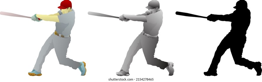 Silhouette Icon Of Baseball Batter Hit A Home Run Ball, Isolated Against White. Vector Illustration.