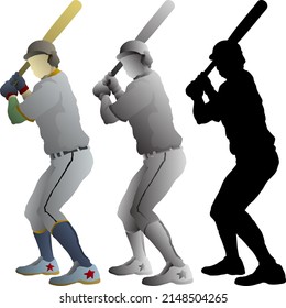 Silhouette icon of baseball batter ready to hit the ball, isolated against white. Vector illustration.