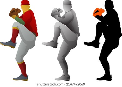 Silhouette icon of baseball pitcher prepare to throw a ball, isolated against white. Vector illustration.