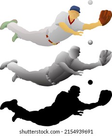 Silhouette icon of baseball player dive headlong to catch a ball, isolated against white. Vector illustration.