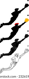 Silhouette icon of baseball player dive to catch a ball, isolated against white. Vector illustration.