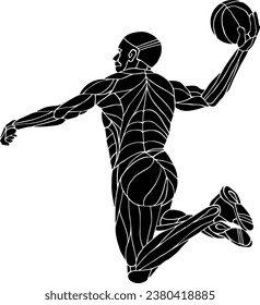 Silhouette icon of a basketball player jumping with a basketball to perform the slam dunk, isolated against white. Hand drawn vector illustration.