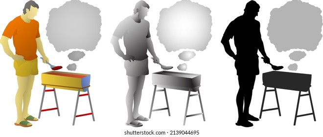 Silhouette icon of BBQ cook grill a burger patty on his barbecue pit with blank smoke cloud for text. Vector illustration.