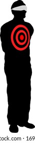 Silhouette icon of a blindfolded man with a bullseye target on his chest. Vector illustration.