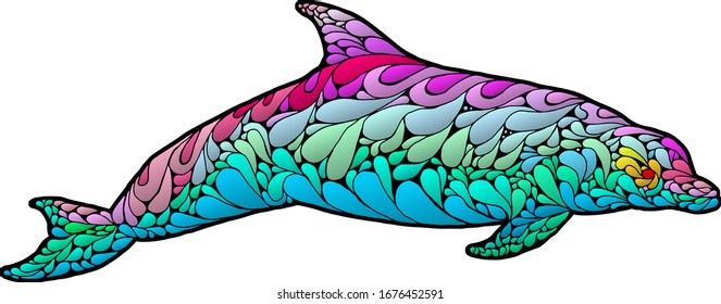 Silhouette icon of a bottlenose dolphin in psychedelic pattern. Vector illustration.