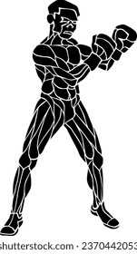 Silhouette icon of a boxer holding up his hand in a boxing stance, isolated against white. Vector illustration.