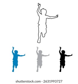 silhouette icon of a boy dancing, line icon, black, dark white and light blue colors