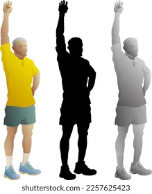 Silhouette icon of boy raises one hand above his head to call-out for attention, isolated against white. Vector illustration.