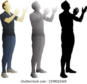 Silhouette icon of boy standing with open hands looking upwards to the sky, isolated against white. Vector illustration.