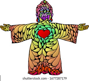 Silhouette icon of Buddha with an open arms in psychedelic pattern. Vector illustration.