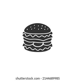 Silhouette icon of burger. Burger icon. yummy, junk, vegetable, hamburger, outline, meat, onion, tomato, cheese, fast food and sauce. Food icon concept.
