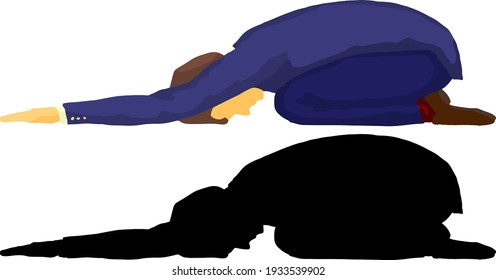 Silhouette icon of a businessman in suit bowing down to worship. Vector illustration.