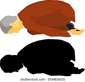 Silhouette icon of businessman in suit cowering in shame. Vector illustration.