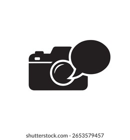 Silhouette icon of a camera with a speech bubble, symbolizing photo communication, media conversation, or photography messaging concept. Perfect for app, logo, or tech-related use.