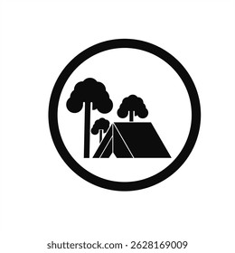 silhouette icon of camping tent and tree in black color

