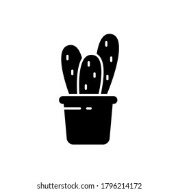 Silhouette icon of Cereus cactus with triple shoots, spines in pot. Black illustration of houseplant, botany, plant care. Pictogram for packing soil, fertilizer. Flat isolated vector, white background