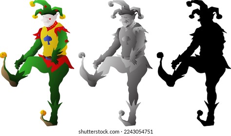 Silhouette icon of cheeky clown dance around, isolated against white. Vector illustration.