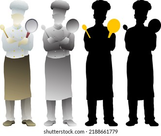 Silhouette icon of chef with tall hat holding a frying pan and spatula, isolated against white. Vector illustration.