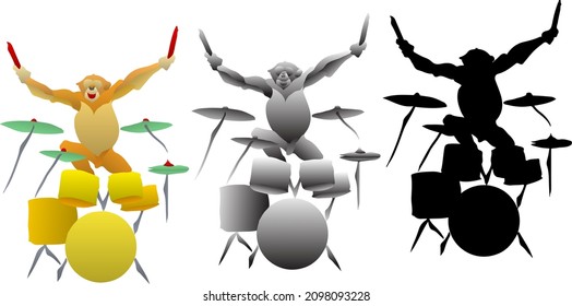 Silhouette icon of chimpanzee beating a drum set. Vector illustration.