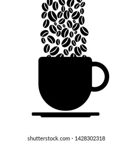 silhouette icon coffee bean drop to cup on white background