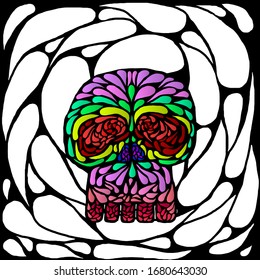 Silhouette icon of colorful human skull in psychedelic pattern for Halloween concept. Vector illustration.